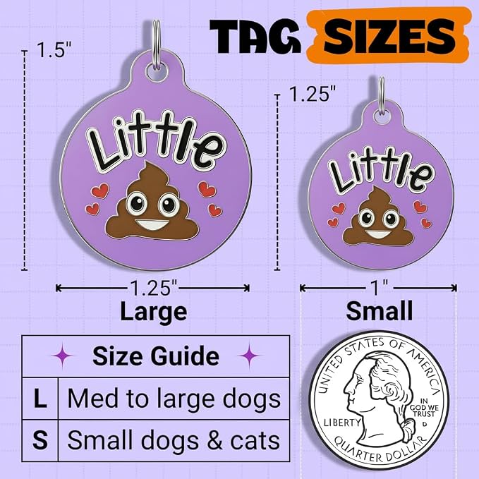Bad Tags Personalized Dog and Cat ID Tags in 25+ Designs and 2 Sizes - 5 Lines of Custom Engraved Text - Funny Cute Personalized Pet Tags (Little Sh*t - Purple, Large (1.25 inch))