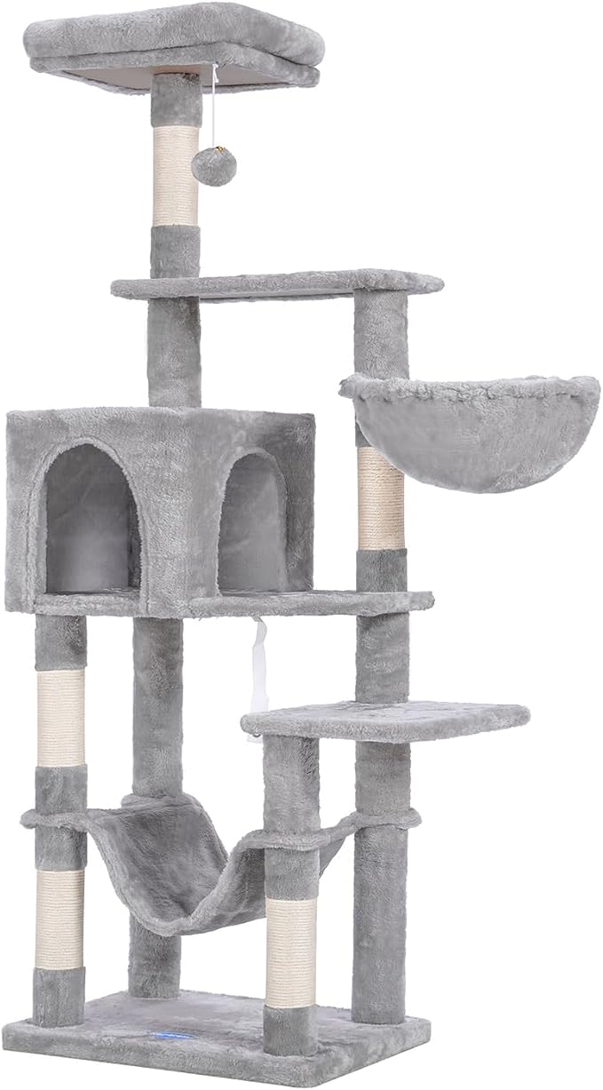 Hey-brother Cat Tree, Multi-Level Sisal Covered Scratching Posts, MPJ050W | 60.6 Inches Tower with Condo, Large Hammock, Top Perch, Toy Ball for Indoor Multi-Cats Households, Light Gray