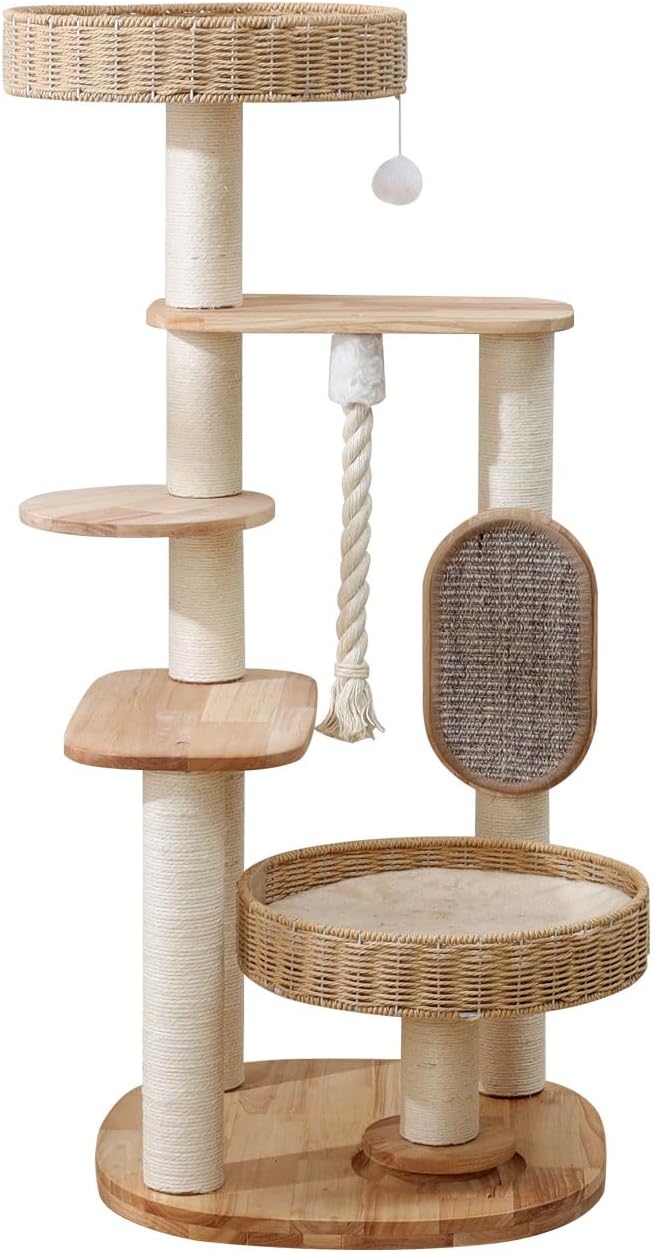 48in Natural Wood Cat Tree for Large Cats, Big Modern Cat Tower | Sturdy Cat Condo, Tall Modern Design, with Scratching Post and Hand-Woven Cat Basket, for Multi Adult Cats, Easy to Clean