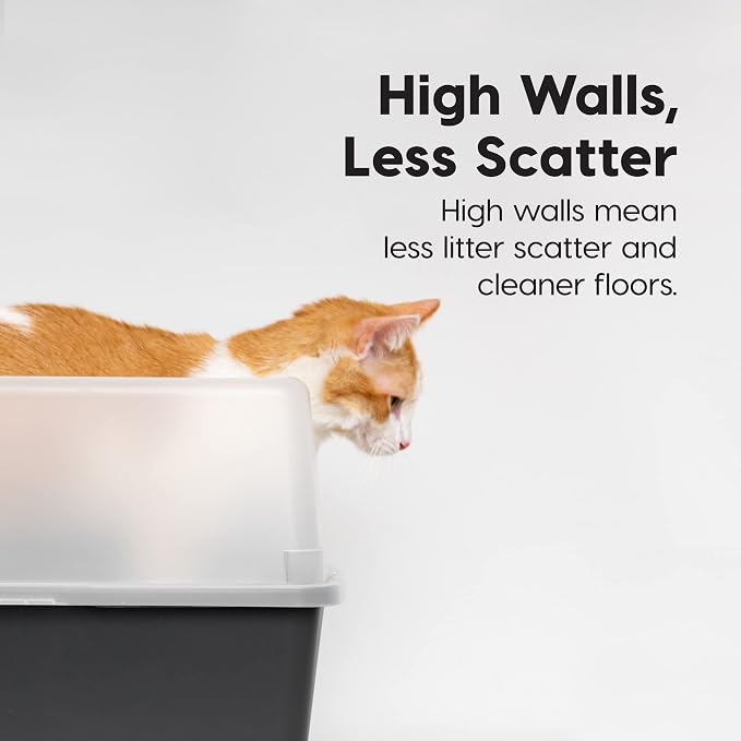 IRIS USA Large Open Top Cat Litter Box with High Sides, Scatter Shield & Scoop, Black - Easy Clean Plastic Litter Pan for Indoor Cats, Kittens or Multicat Homes