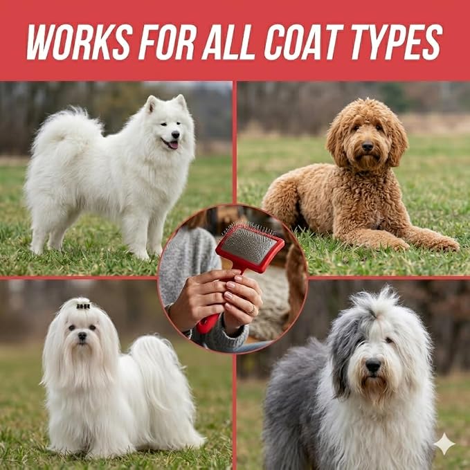 Dog Slicker Brush for Doodles, Goldendoodles & Labradoodles – Extra Long Pin Brush for Dematting & Deshedding – Removes Tangles, Knots & Loose Hair – Wooden Handle for Thick, Curly Coats (Large)