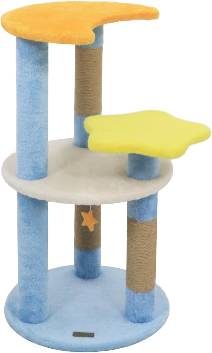 PETSITE 29-inch Cute Cat Tree, Multi-Level Small Cat Tree with Jute Scratching Post, Dangling Toy, Star and Moon-Shaped Perches, Ideal for Indoor Cats (Blue)