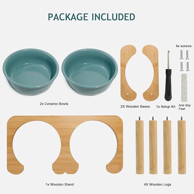 Ceramic Elevated Dog Bowls, Raised Pet Food and Water Bowl Set, Dark Green | Feed Tray For Small and Medium Breeds, 6.9" Wide Double Modern Porcelain Bowls, 6.3" High Wooden Stand, Non-Slip, 28Oz/800ML