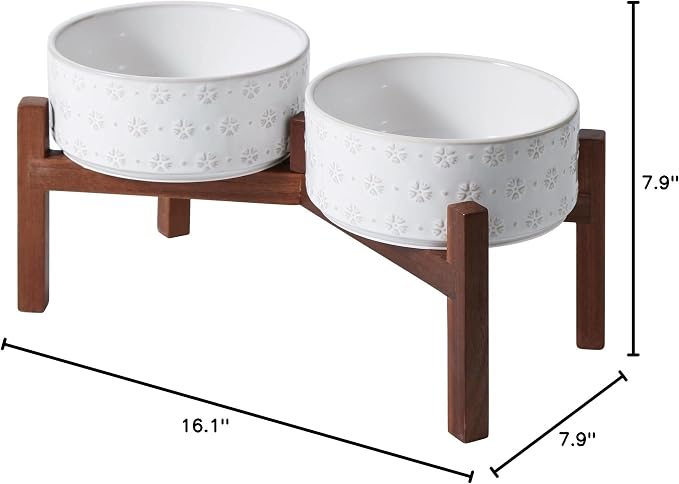 Havniva 7.3" Elevated Dog Bowls Ceramic Raised Dog Bowl with Non-Slip Stand (Acacia Wood) Weighted Dog Food & Water Bowl for Medium Breed Dogs - 5 Cups 41 oz