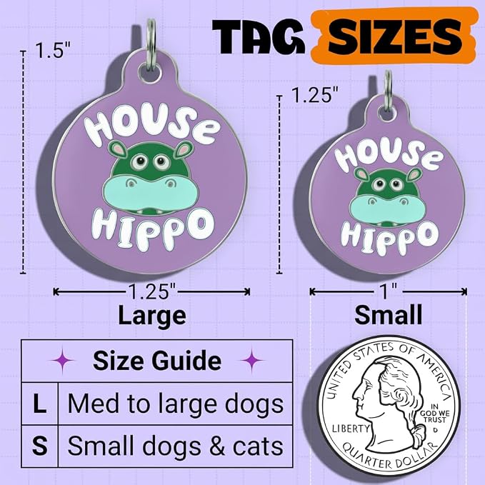 Bad Tags Personalized Dog and Cat ID Tags in 25+ Designs and 2 Sizes - 5 Lines of Custom Engraved Text - Funny Cute Personalized Pet Tags (House Hippo - Purple, Large (1.25 inch))