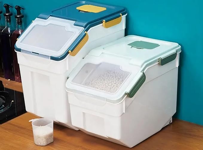 2 Pack Large Flour Storage Container 25 lb, Airtight Food Storage Bins with Wheels & Locking Lid, BPA Free Rice Grain Organizer with Measuring Cup, Flour Bin for Kitchen Pantry (Blue)