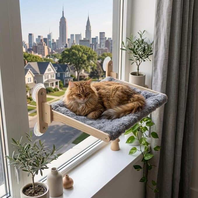 Foldable Window Sill Cat Bed with Cushion and Suction Cups—Features an Orthopedic Hammock Design, Crafted from Premium Hardwood and Equipped with Suction Cups (Styles of Bamboo Mats, 20X13X9)