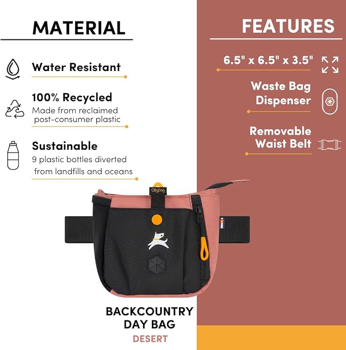 Backcountry Day Bag | Dog Training Treat Pouch | Eco-Friendly Recycled Fabric Fanny Pack with Zipper Closure, Built-in Poop Bag Dispenser & Adjustable Waist Belt (Desert)