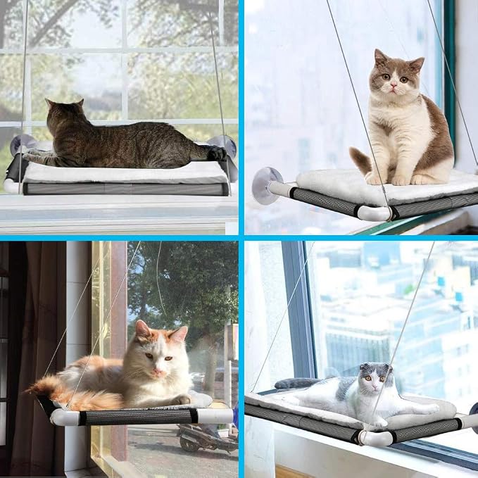 Cat Window Perch, Cat Hammock w/Fleece Blanket Upgraded Screw Suction Cups | Window Bed Holds 2 Large Cats, Sturdy Resting Seat Indoor with One Extra Suction Cup, White