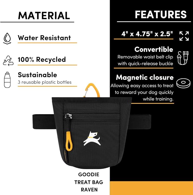 Goodie Treat Bag, Dog Treat Training Pouch | Magnetic Closure | 3 Ways to Wear | Hands-Free Waist Belt | Water-Resistant Recycled Vegan Fabric (Raven S'25)