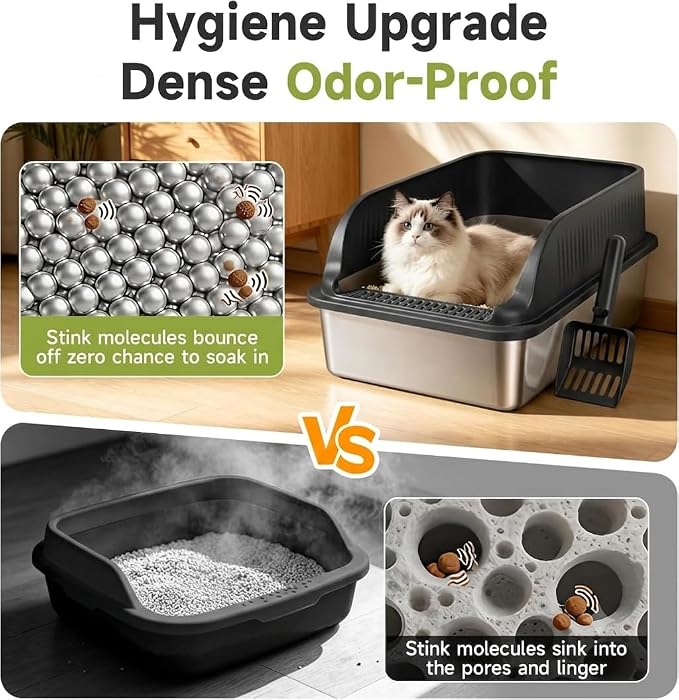 Stainless Steel Litter Box with High Sides, Include Scoop, Black | Easy Cleaning Anti-Urine Leakage Non-Sticky Open Top Low Entry