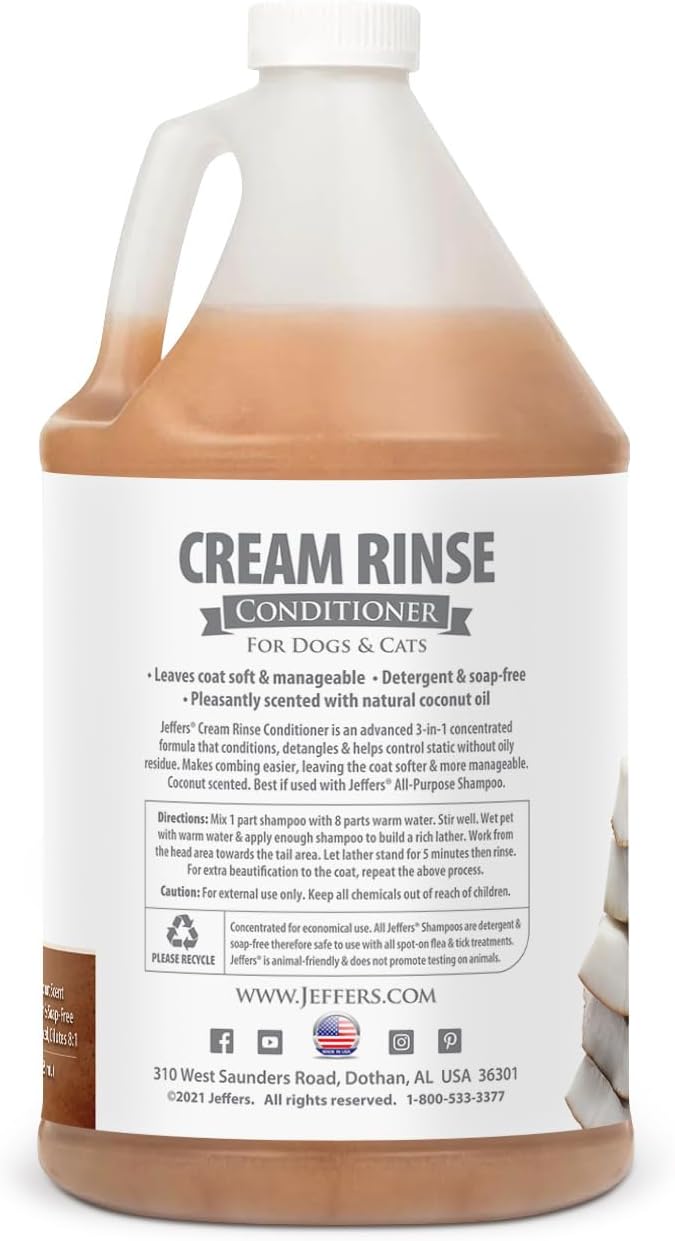 Jeffers Pet Cream Rinse 3in1 Conditioner, 128 Oz – Moisturizing & Detangling Formula for Dogs & Cats, Light Coconut Scent, Soap & Detergent Free, Safe Professional Grooming Pet Coat Care