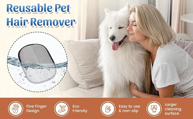 Pet Hair Removal Glove, Electrostatic Cat & Dog Hair Remover with 5-Finger Design, Reusable Deshedding Mitt for Couch, Car, Laundry & Carpet, Lightweight & Washable