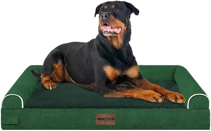 NANUYA Orthopedic Dog Bed for XX-Large Dogs, 44 x 34 Inch, Emerald | Egg crate foam for joint support, 3-sided bolster pet sofa, waterproof lining, washable cover, and non-skid base