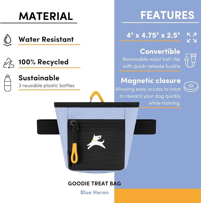 Goodie Treat Bag, Dog Treat Training Pouch | Magnetic Closure | 3 Ways to Wear | Hands-Free Waist Belt | Water-Resistant Recycled Vegan Fabric (Blue Heron)