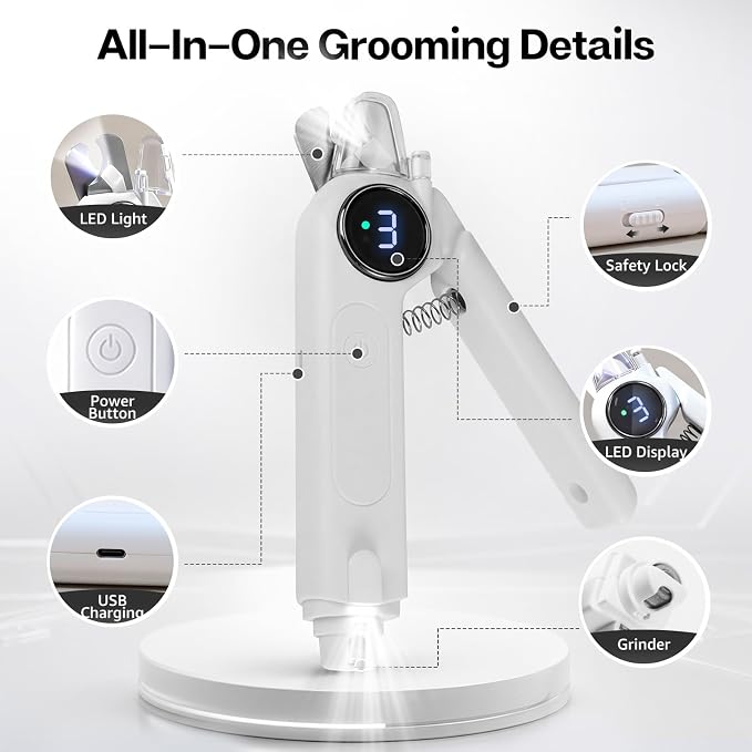 2 in 1 Dog and Cat Nail Grinder and Clipper 3 Speed LED | Rechargeable Cordless Design, Quiet Low Vibration Operation, Small Medium Large Pets, Convenient at Home Grooming