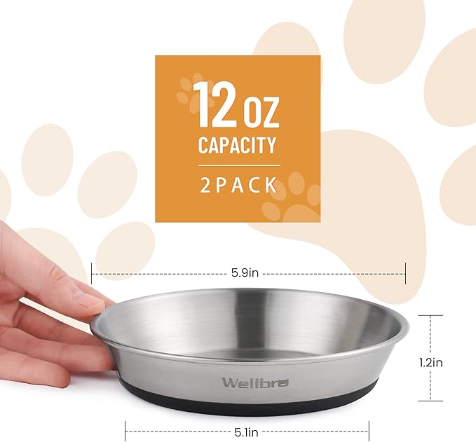 Cat Bowls, 6 Pcs Stainless Steel Bowls for Food and Water, Whisker Fatigue Shallow Non-Slip Cat Dishes Plates for Small Dog Puppies Cats