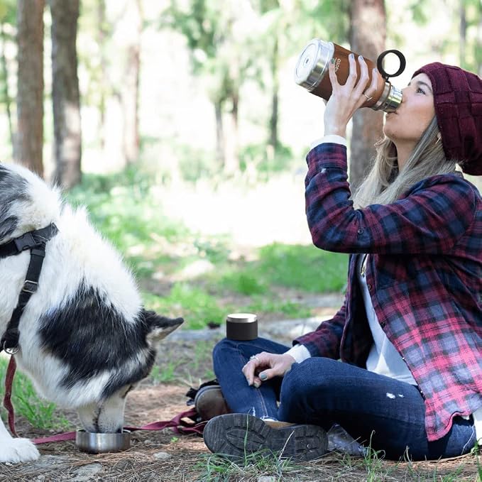 Asobu Buddy Bottle a Stainless Steel Insulated Water Bottle for with Removable Dog Water Bowl and Dog Food and Treat Storage Bowl (Wood, 37 oz Water Bottle with Bowl)