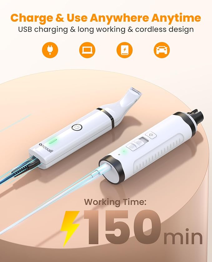 oneisall 3 in 1 Dog Nail Grinder & Paw Trimmer Kit, 2 LED Lights | 2 Replaceable Blades, 6500/7500RPM, 2 Speeds, Low Noise, Cordless & Rechargeable, Safe for Paw, Face, Ears, Body