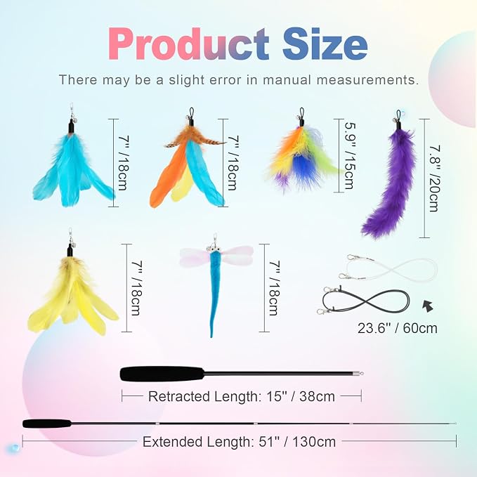 SONGWAY Cat Wand Toys for Indoor Cats - Cat Toy Set with Retractable Teaser Wand and 6 PCS Colorful Feather Toy Refills, Dragonfly Tassel Plush Cat Toys Interactive, Multicolored