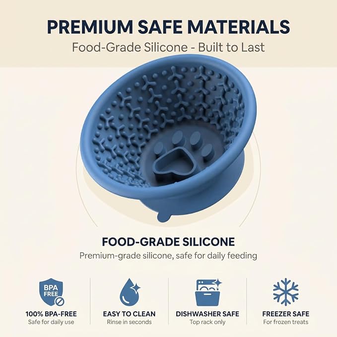 Dog Slow Feeder Lick Bowl to Prevent Fast Eating, Steel Reinforced Rim, Non-Slip Suction Base, BPA-Free Silicone, Dishwasher & Freezer Safe, Helps Extend Mealtime & Keep Dogs Calm(Blue)