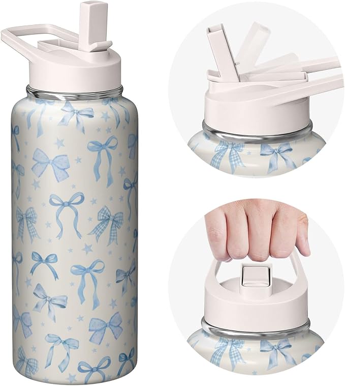 32oz Blue Bow Stainless Insulated Aater Water Bottle with Straw,Bow Gym Hiking Sports Coffee Mug Cup Water Bottles,Bow Gifts for Women,Bow Decor Stuff Accessories