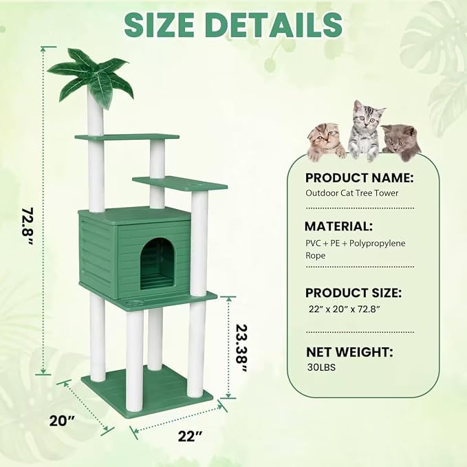 Outdoor Tall Weatherproof Cat Tree Tower with PE Board and Cat Scratch Post | 72in Green Multi-Level Cat Tree with Spacious Cat Condo,Waterproof Board,Easy to Assemble&Clean,for Indoor&Outdoor Use CTT-4