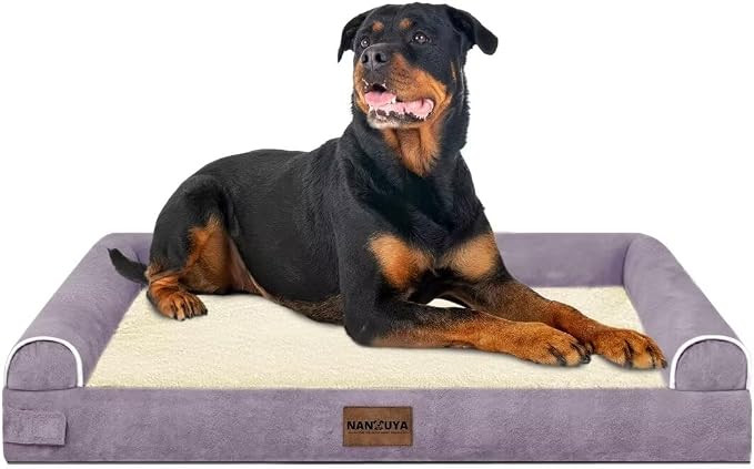 NANUYA Orthopedic Dog Bed for XX-Large Dogs, 44 x 34 Inch, Purple | Egg crate foam for joint support, 3-sided bolster pet sofa, waterproof lining, washable cover, and non-skid base