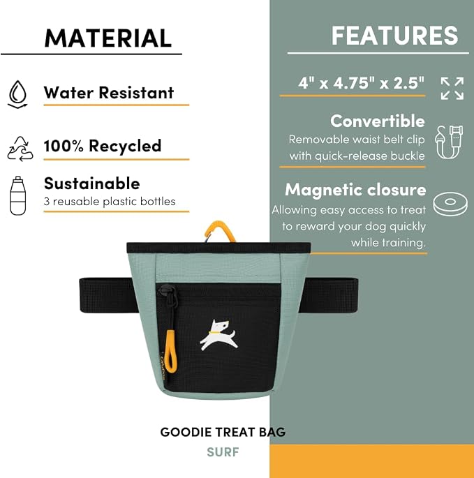 Goodie Treat Bag, Dog Treat Training Pouch | Magnetic Closure | 3 Ways to Wear | Hands-Free Waist Belt | Water-Resistant Recycled Vegan Fabric (Surf)