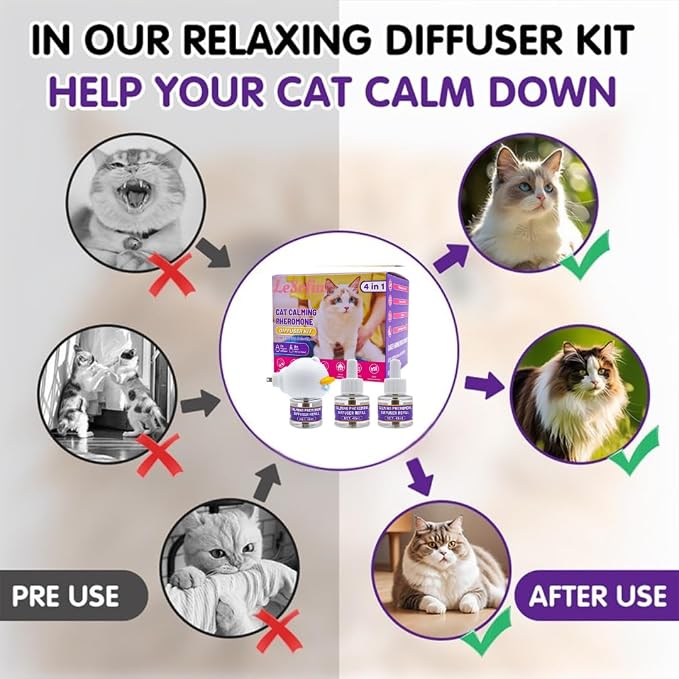 Cat Pheromones Calming Diffuser, 90-Day Cat Calming Diffuser - 1 Diffuser & 3 Refills Top Advantageous Kit Cat Calming Diffuser – Helps Reduce Scratching,Peeing,Hiding Urine,Marking Aggression