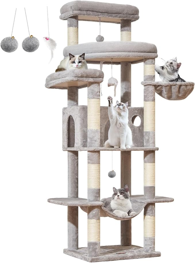Taoqimiao Heavy-Duty Cat Tree, 71 in Cat Tower for Large Cats 20lbs+ | 3 Giant Multi-Tier Perches, Widened Cat Condo with 9 Scratching Posts, Plush Hammock & Basket, Toys, Light Gray, MS034W