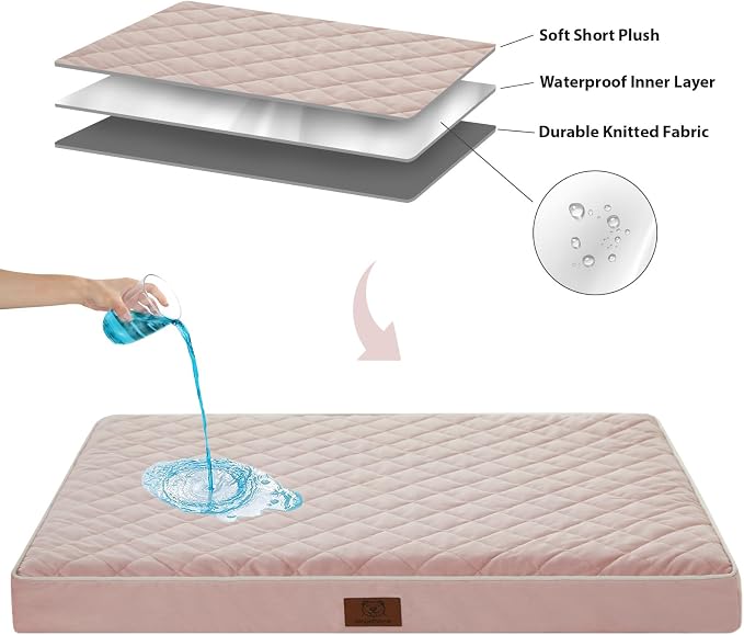 WNPETHOME Orthopedic Waterproof Extra Large Senior Dogs Bed for Comfy Sleep | XL Washable Ped Bed with Removable Cover, Multi-Needle Quilting XL Crate Bed for Large Sized Dog Relax, Pink 42x30 Inch