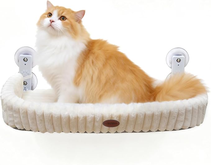 Cordless Cat Window Perch, Large Size Hammock with 4 Strong Suction Cups, Cat Hammock for Window with Two Fabrics Cover, Foldable Bed for Cats, White