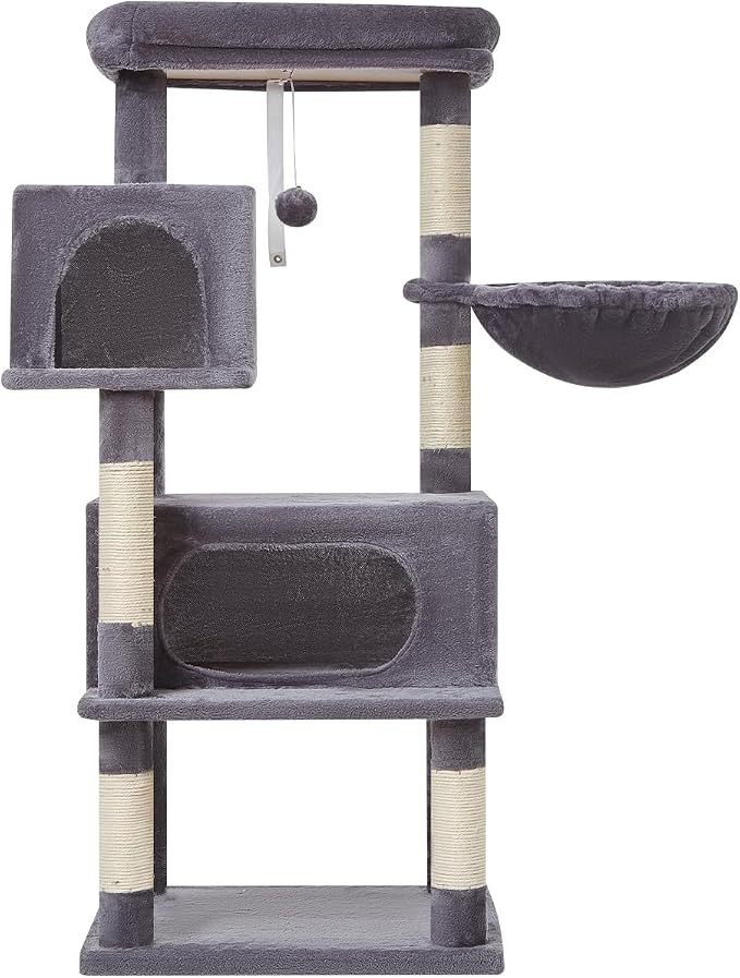 Taoqimiao Cat Tree, 49In Cat Tower for Indoor Cats Large Adult | 2 Luxurious Cat Condos, Thick Padded Top Perch, Adjustable Hanging Baskets, 5 Scratching Sisal Posts, Smoky Gray MS029LG