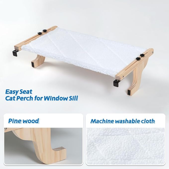 Zakkart Easy Seat Cat Perch for Windowsill (Natural Wood/White, M) | Hook-On Windowsill Mount, Clean Hammock Design, Premium Wood & Robust Metal Frame, Machine Washable Bed, 23"W x 14"D
