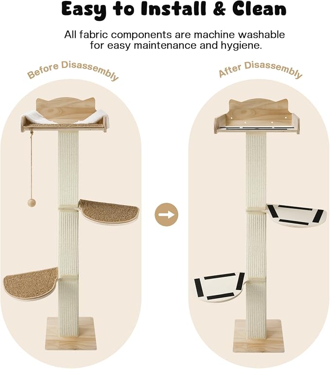 Solid Wood Cat Window Perch with 2 Jumping Platforms, Cat Hammock for Window with Scratching Post, Sisal Tall Cats Scratching Post with Large Perch, Wooden Cats Window Bed with 2 Suction Cups