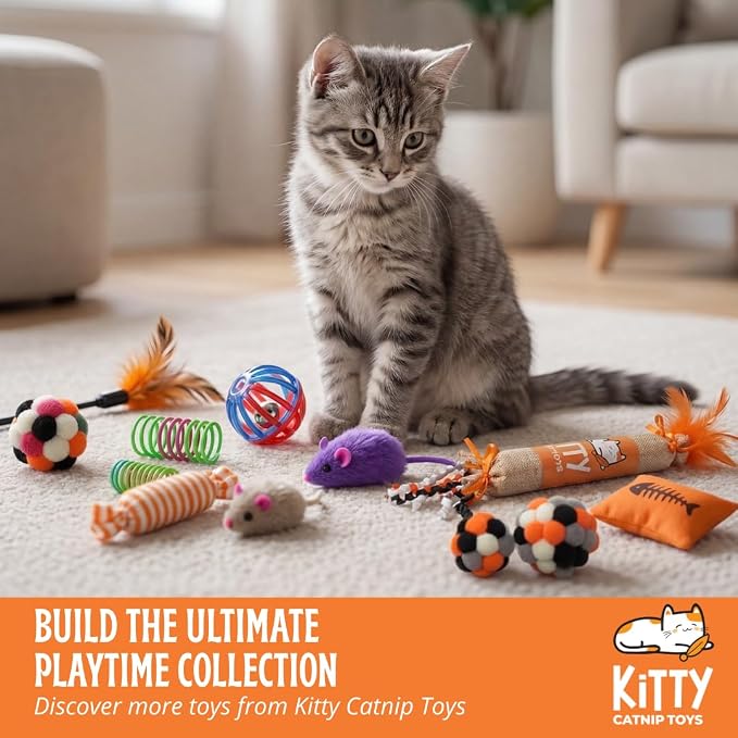 Kitty Catnip Toys- 30 Interactive Cat Toys for Indoor Cats & Kittens – Crinkle Balls, Sparkle Pom Pom Balls, Spiral Springs, Cat Mice, Teaser Wand, Kitten Toys, Cat Accessories - Variety Pack