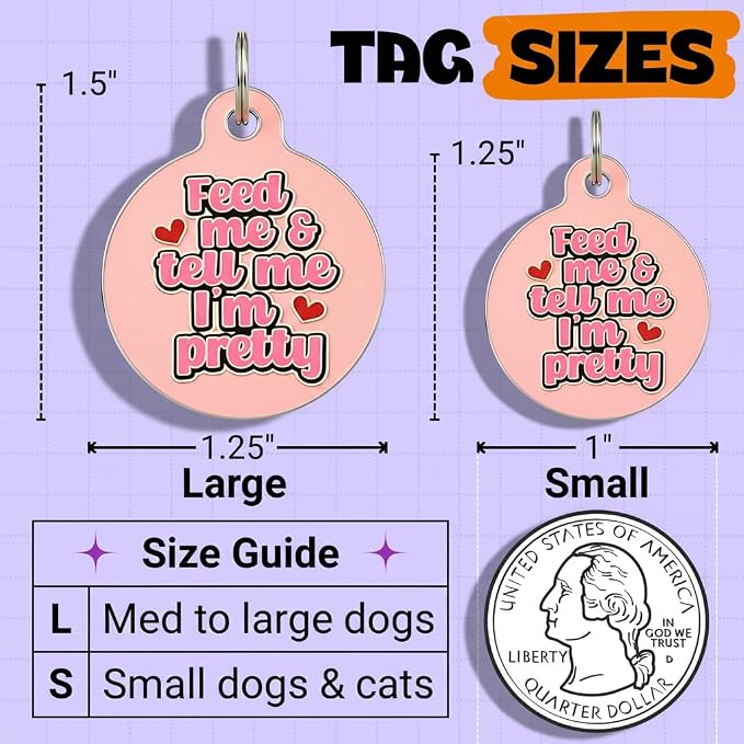 Bad Tags Personalized Dog and Cat ID Tags in 25+ Designs and 2 Sizes - 5 Lines of Custom Engraved Text - Funny Cute Personalized Pet Tags (Feed Me & Tell Me I'm Pretty - Pink, Small (1 inch))