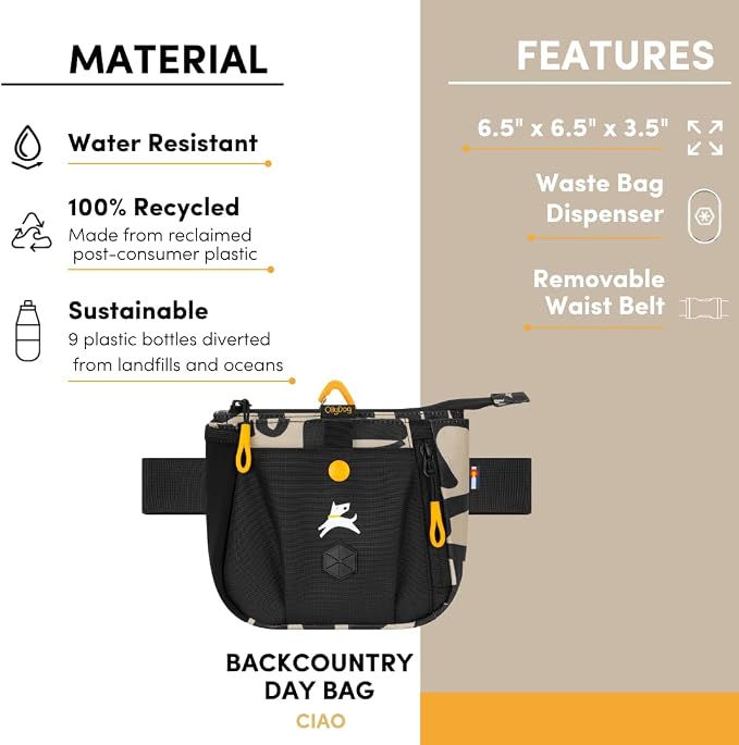 Backcountry Day Bag | Dog Training Treat Pouch | Eco-Friendly Recycled Fabric Fanny Pack with Zipper Closure, Built-in Poop Bag Dispenser & Adjustable Waist Belt (Ciao)