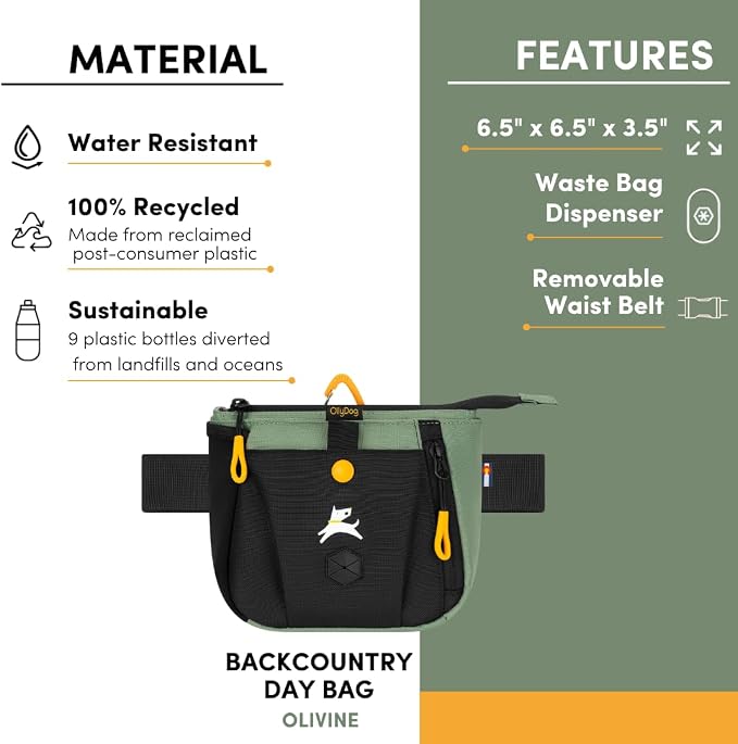 Backcountry Day Bag | Dog Training Treat Pouch | Eco-Friendly Recycled Fabric Fanny Pack with Zipper Closure, Built-in Poop Bag Dispenser & Adjustable Waist Belt (Olivine)