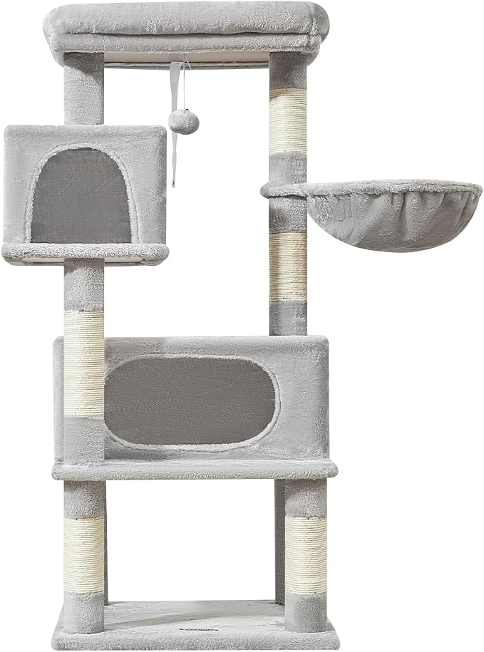 Taoqimiao Cat Tree, 49In Cat Tower for Indoor Cats Large Adult | 2 Luxurious Cat Condos, Thick Padded Top Perch, Adjustable Hanging Baskets, 5 Scratching Sisal Posts, Light Gray MS029LW