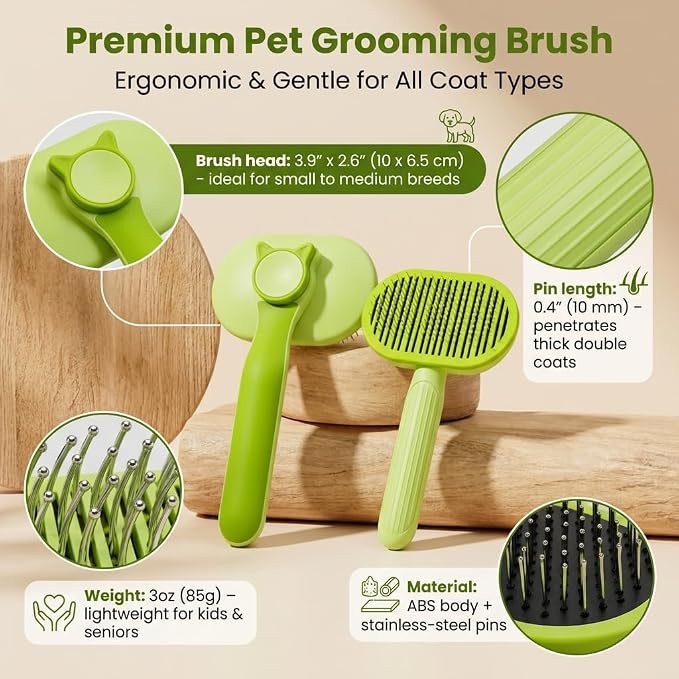 Self Cleaning Slicker Brush for Dogs and Cats | 2 in 1 Grooming Tool, Removes Loose Undercoat Tangles, Shedding Hair, Massage Bristles, Anti-Slip Handle, Long and Short Hair