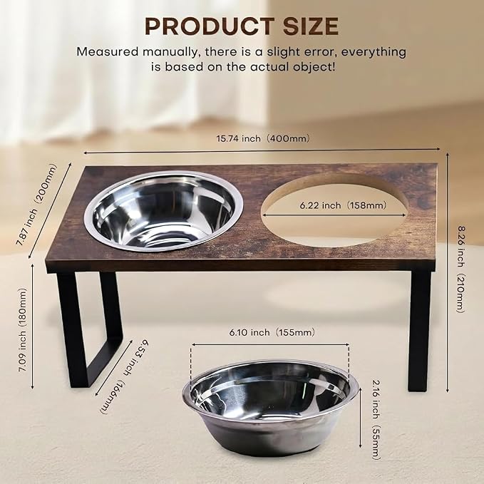 Elevated Dog Bowl Stand for Medium and Large Dogs, MDF Raised Dog Feeder with 2 Stainless Steel Bowls, Tilted Dog Food and Water Dish Set, Wooden Pet Feeding Station (Black)