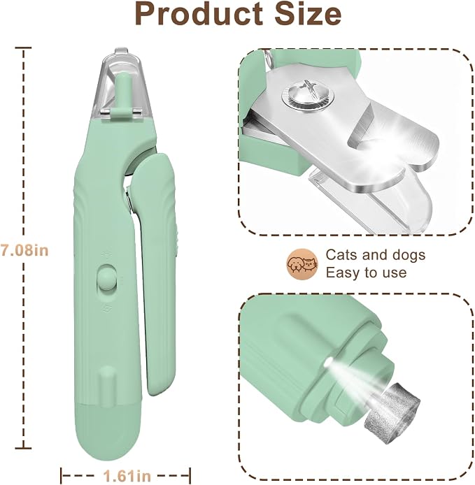 2-in-1 Dog Nail Clippers and Cat Nail Clippers with Light, Quick Sensor and Safety Guard, USB Rechargeable Pet Nail Trimmer with 2 LED Lights for Large Medium Small Dogs and Cats (Light Green)