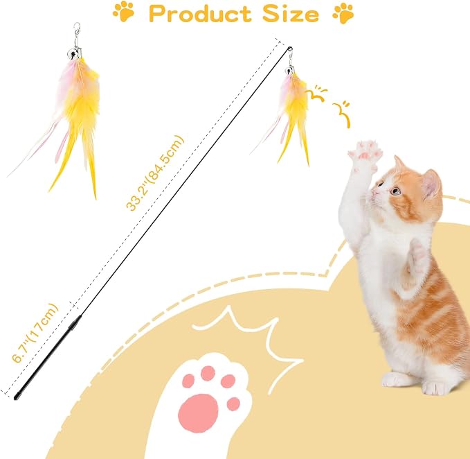Pawaboo Feather Teaser Cat Toy, Interactive Feather Wand Cats Toy Flying Feathers Cat Catcher with Extra Long 34.5" Wand and Small Bell, Exerciser Playing Toys for Kitten or Cats, Pink+White+Yellow