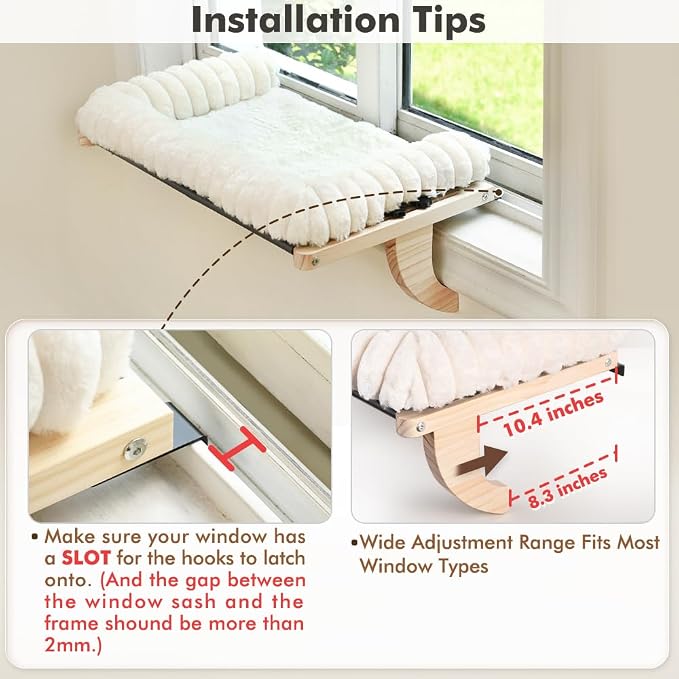 Cloud-Soft Cat Window Sill Perch, Zipper Design Cushion Pet Bed, L | Solid Wood & Sturdy Metal Frame, Machine Washable, Unobstructed Front View, Panoramic and Roomy Cat Hammock for Large Cats