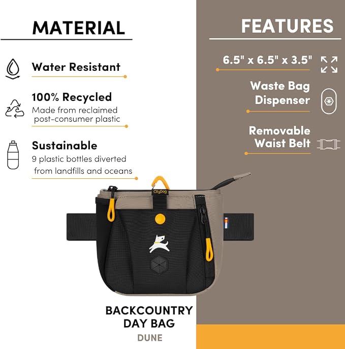 Backcountry Day Bag | Dog Training Treat Pouch | Eco-Friendly Recycled Fabric Fanny Pack with Zipper Closure, Built-in Poop Bag Dispenser & Adjustable Waist Belt (Dune)