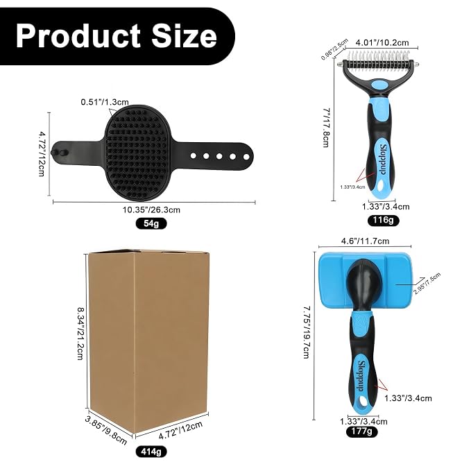Blue Pet Grooming Kit 3Pcs Dematting Comb for Dogs&Cats Shedding | Self-Cleaning Slicker Brush,Double-Sided Fine&Wide Teeth Undercoat Rake for Dogs,Deshedding Dog Brush,Dog Bath Massage Brush