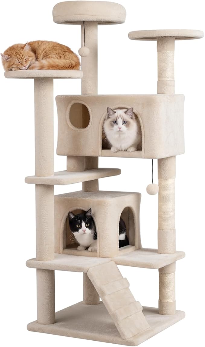52-inch Cat Tree, Multi-Level Cat Tower with Sisal Scratching Posts, 2 Comfy Condos, Plush Padded Soft Top Perch, Dangling Balls, and Climbing Ladder, Ideal for Indoor Cats (Beige)