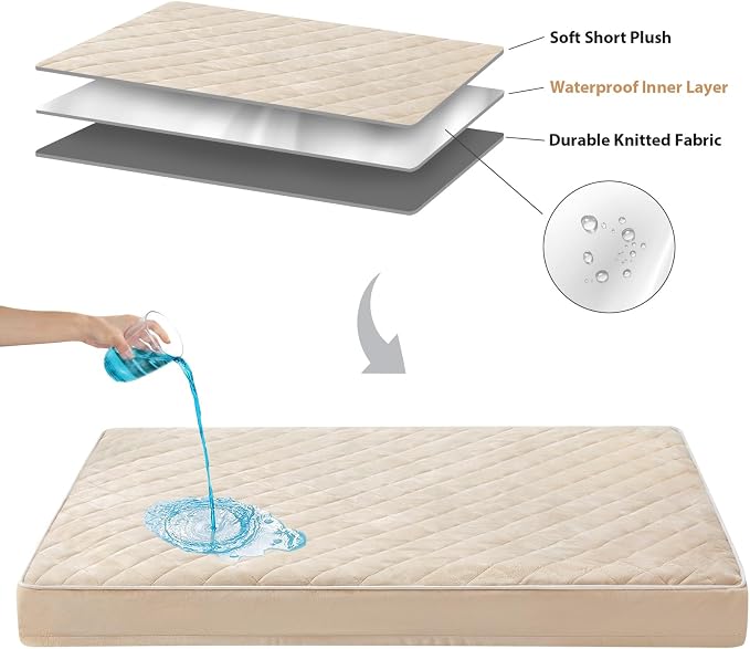 WNPETHOME Orthopedic Waterproof Large Sized Senior Dogs Bed for Comfy Sleep | Washable Ped Bed with Removable Cover, Multi-Needle Quilting Large Dogs Crate Bed for Dog Relax, Beige 36x27 Inch